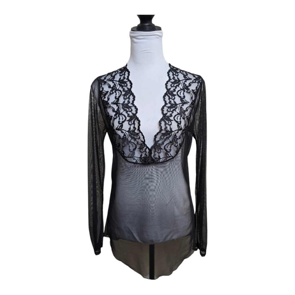 Black Lace and Mesh Deep V - Neck